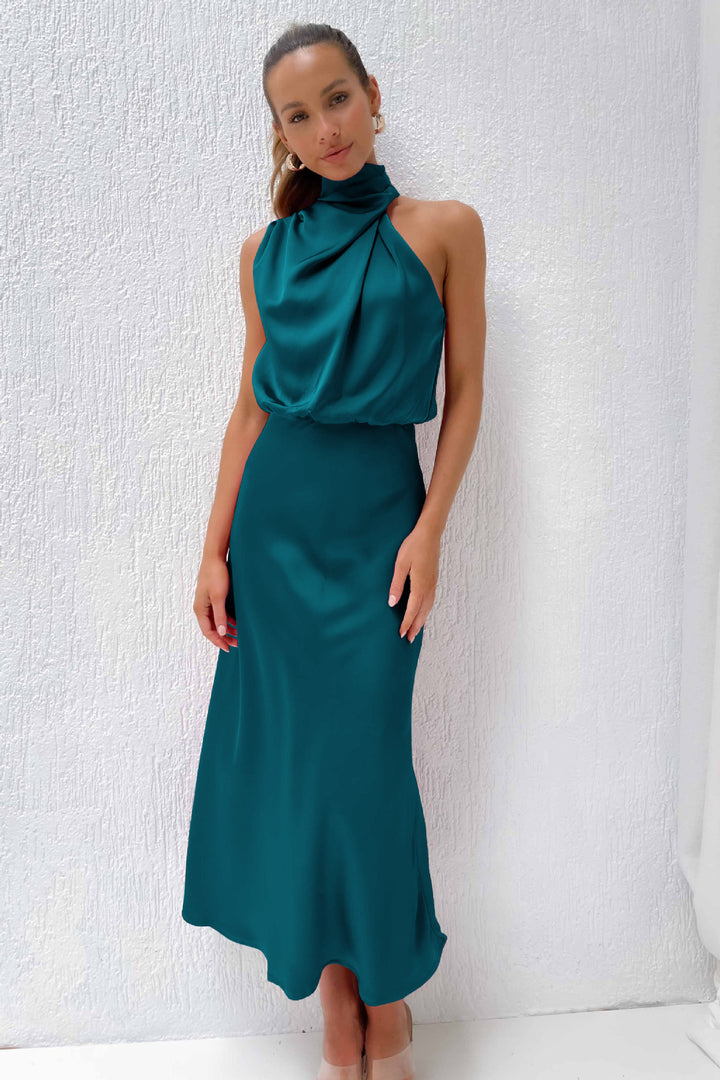Teresa - Vestido Largo de Satén con Cuello Halter