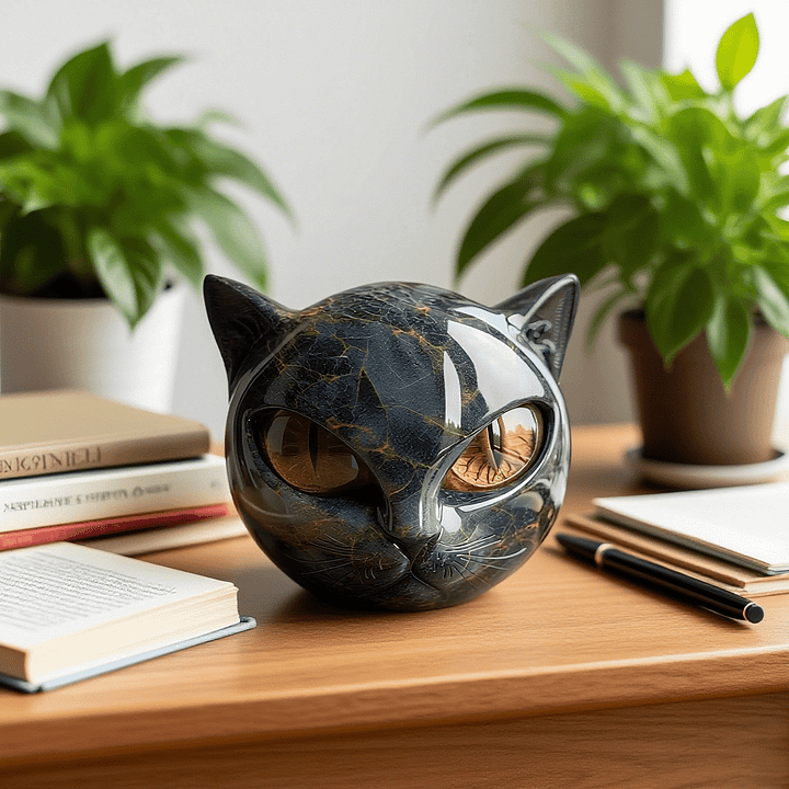 Escultura de Cabeza de Gato Negro Mística