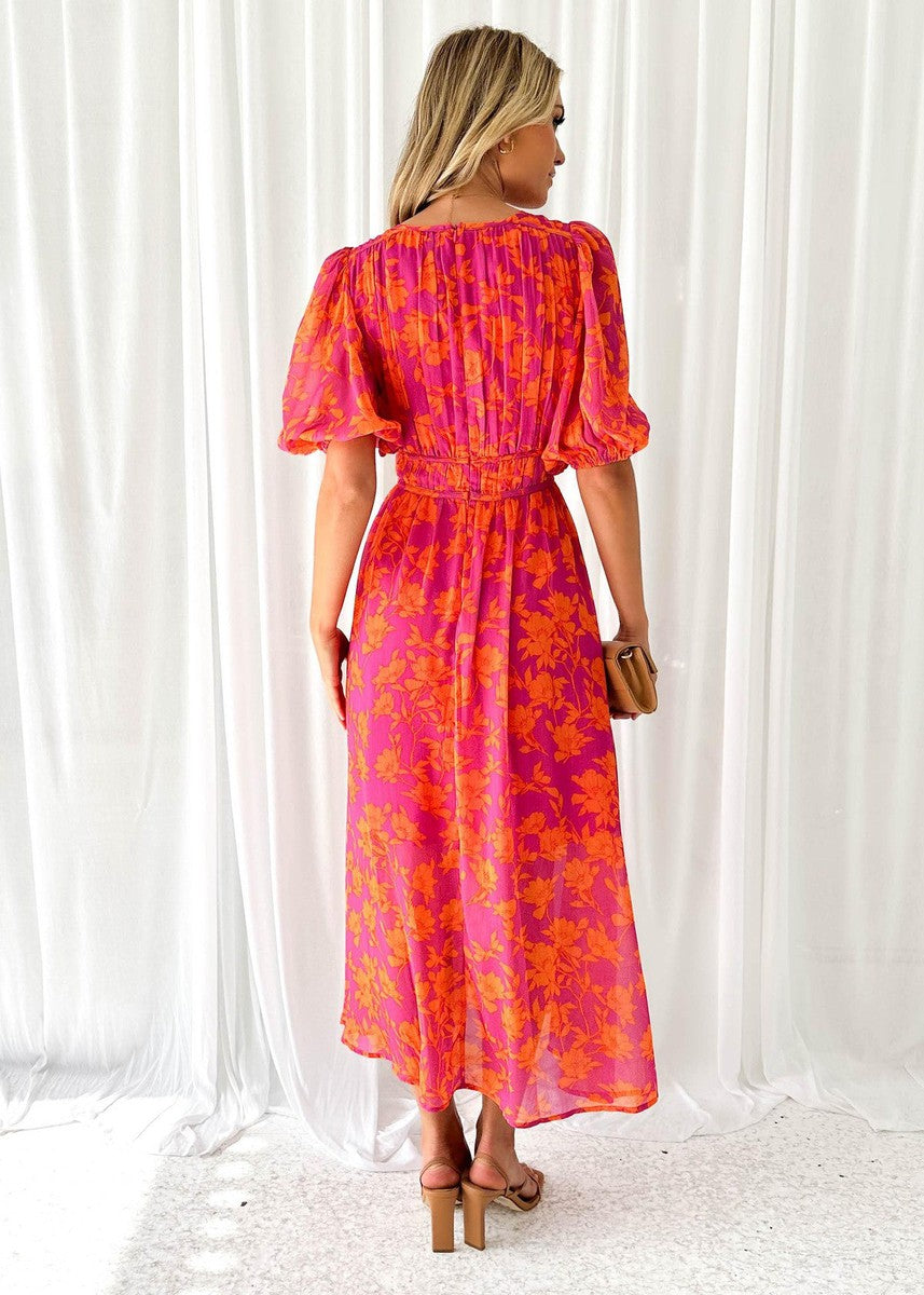 Katty - Vestido Midi Floral con Mangas Abullonadas y Escote en V