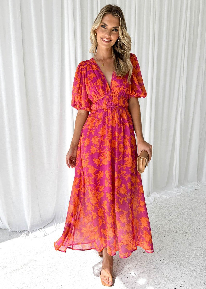 Katty - Vestido Midi Floral con Mangas Abullonadas y Escote en V