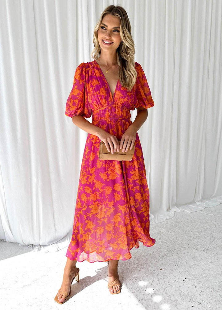 Katty - Vestido Midi Floral con Mangas Abullonadas y Escote en V