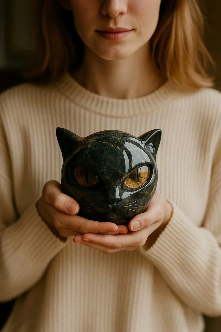Escultura de Cabeza de Gato Negro Mística
