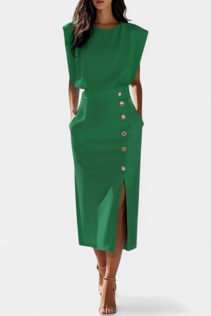 Débora - Vestido Midi de Manga Larga con Botones Decorativos
