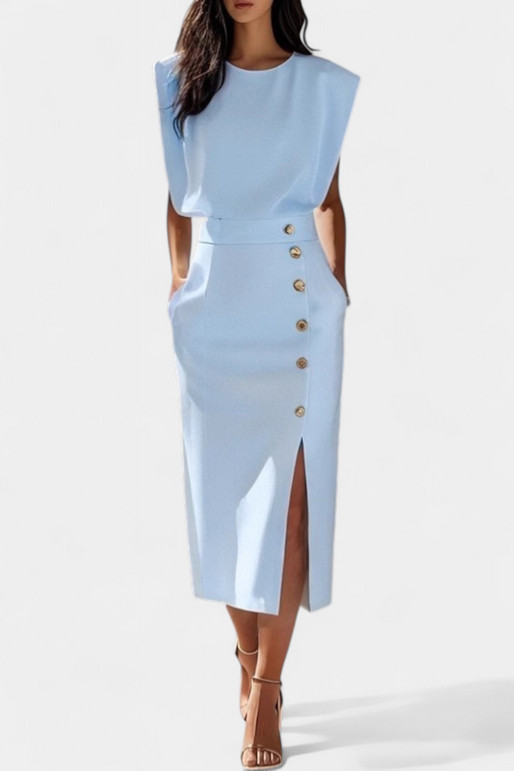 Débora - Vestido Midi de Manga Larga con Botones Decorativos