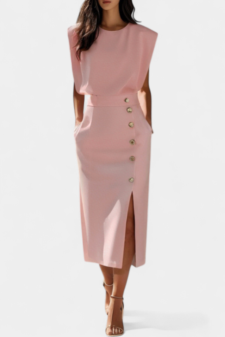 Débora - Vestido Midi de Manga Larga con Botones Decorativos