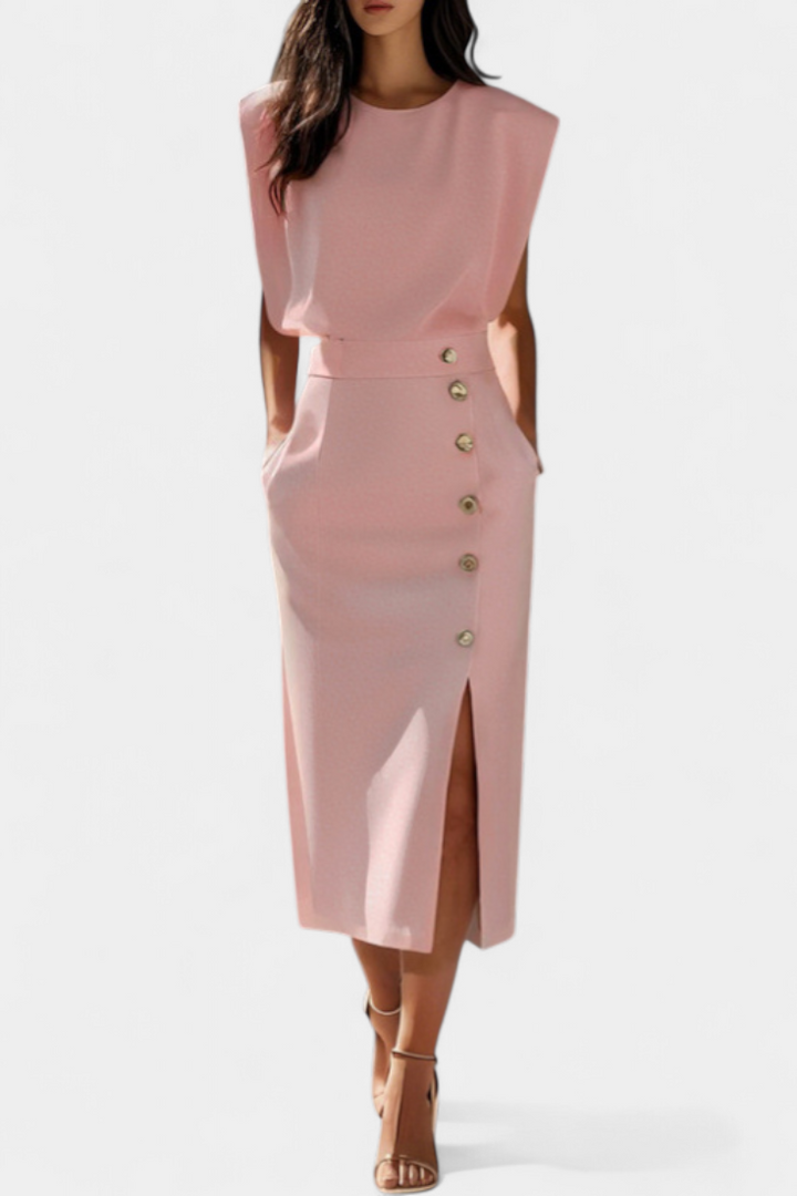Débora - Vestido Midi de Manga Larga con Botones Decorativos
